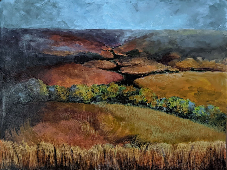 Acrylic painting on canvas of shadows passing over the flint hills at the dimming of the day.