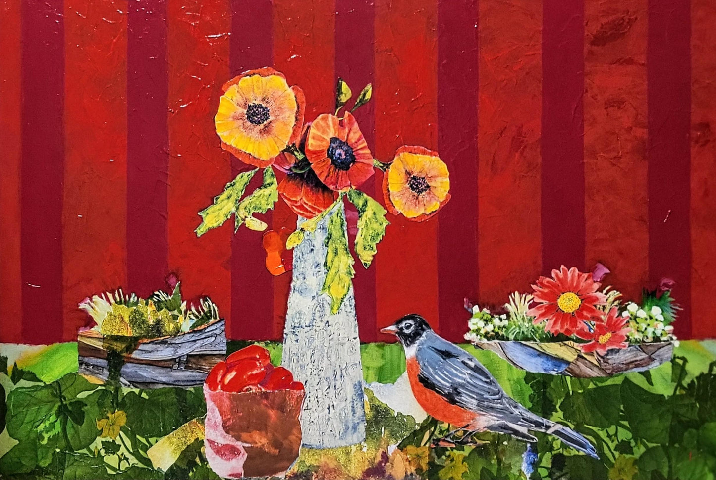 Story of Reds & Greens: Still Life with Vase of Poppies & Robin on the Table