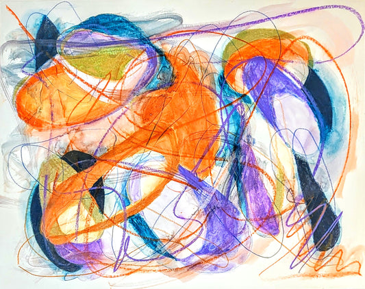 Mixed media painting of dreaming swirls in purples and oranges and blues.