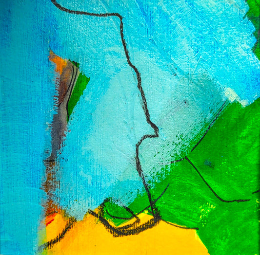 Small abstract painting with blue background and yellow ground. 1st in Lineage series.
