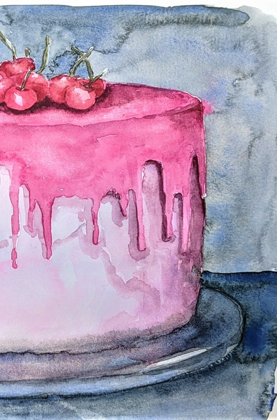 Pink Cake watercolor painting on paper detail