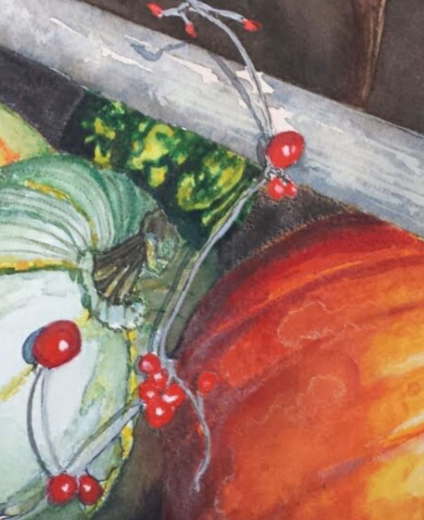 Tool box with veggies watercolor painting detail