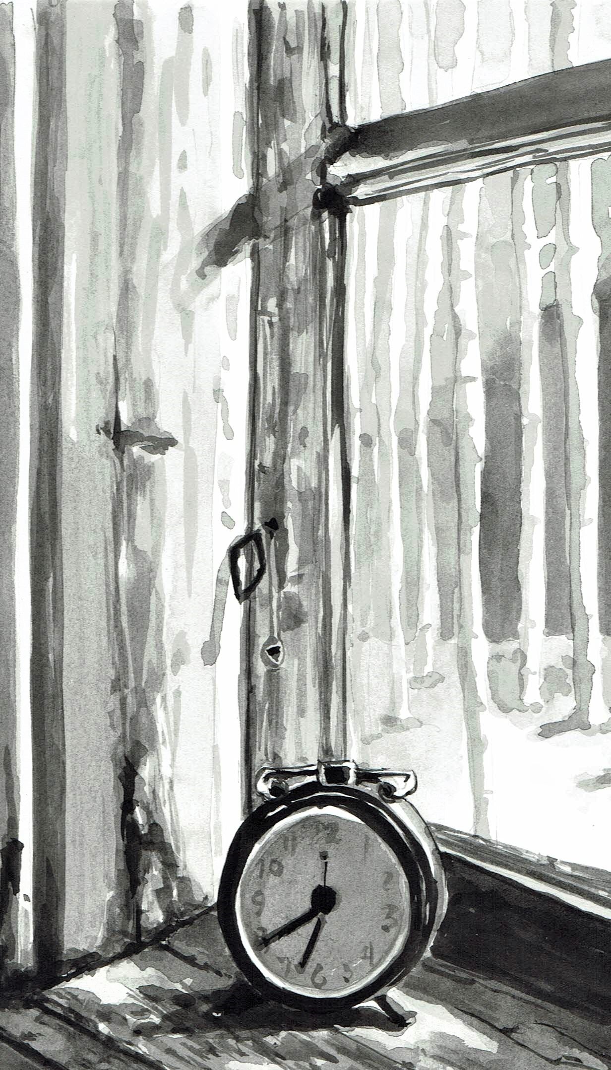 Clock in window watercolor painting detail