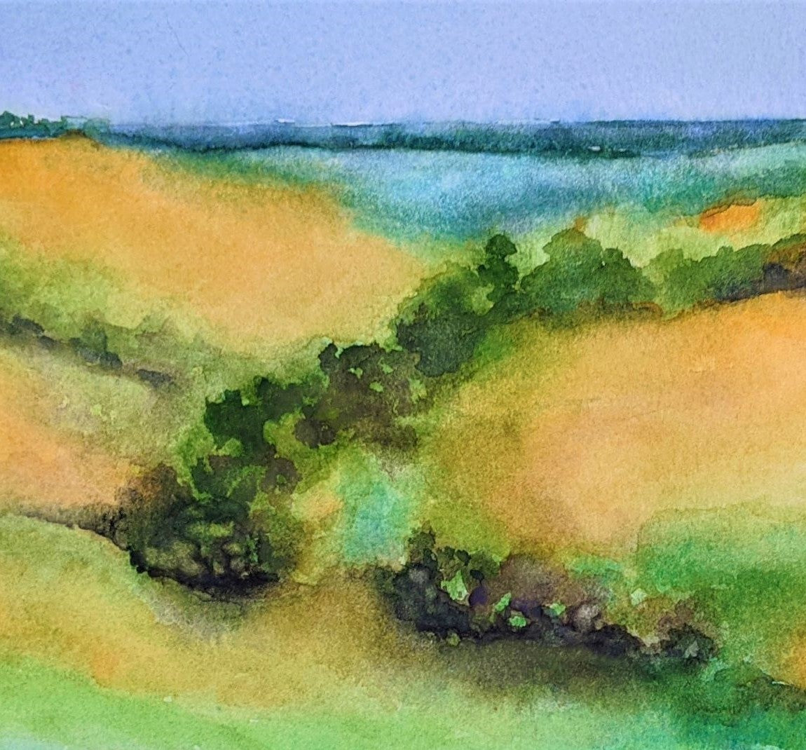Kansas Flint Hills in Blue Haze watercolor painting on paper detail