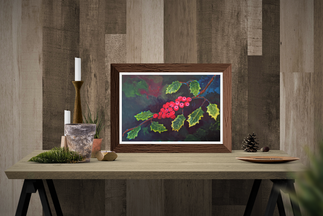 Holly Branch acrylic painting on Table