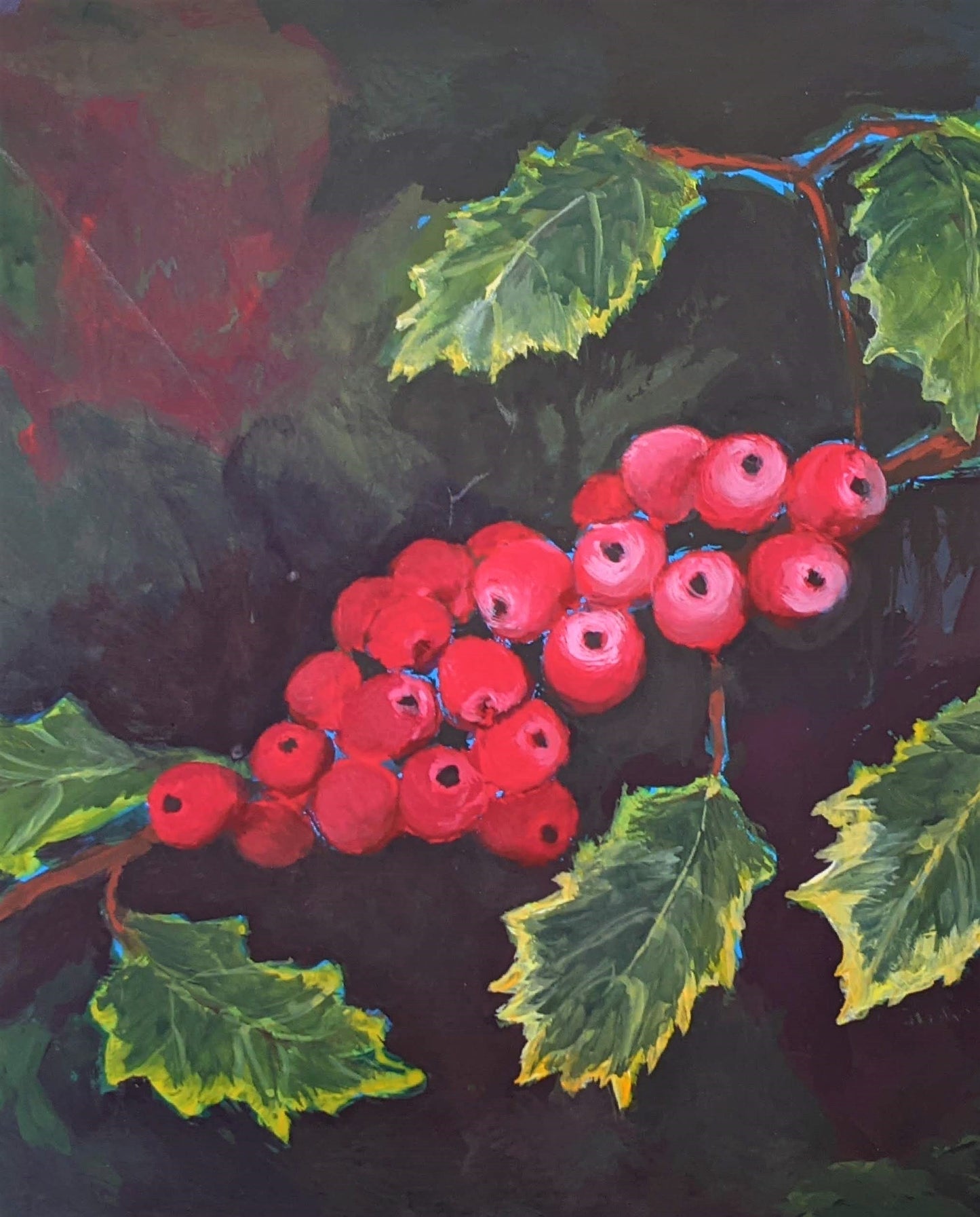 Holly Branch flashe acrylic painting on paper detail