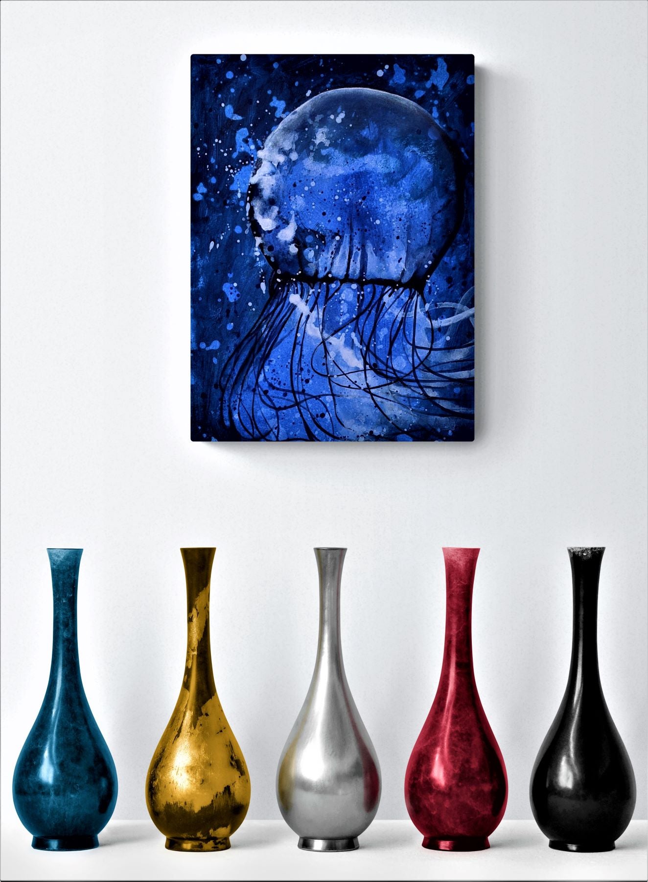 Jellyfish & Bubbles acrylic painting on paper in room with vases