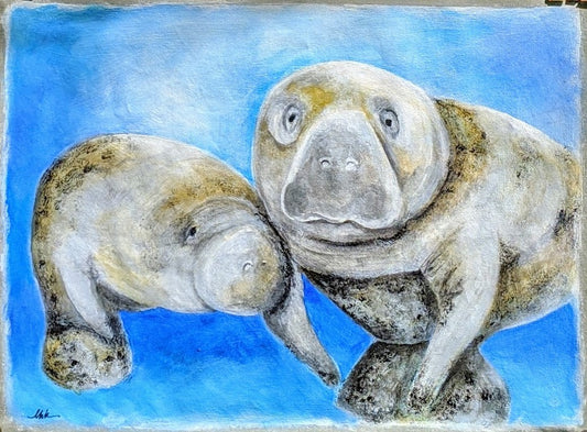 Manatee mama and baby acrylic painting
