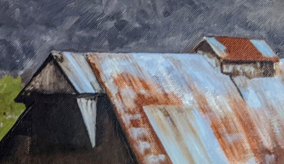 Patchwork Barn acrylic painting on canvas detail
