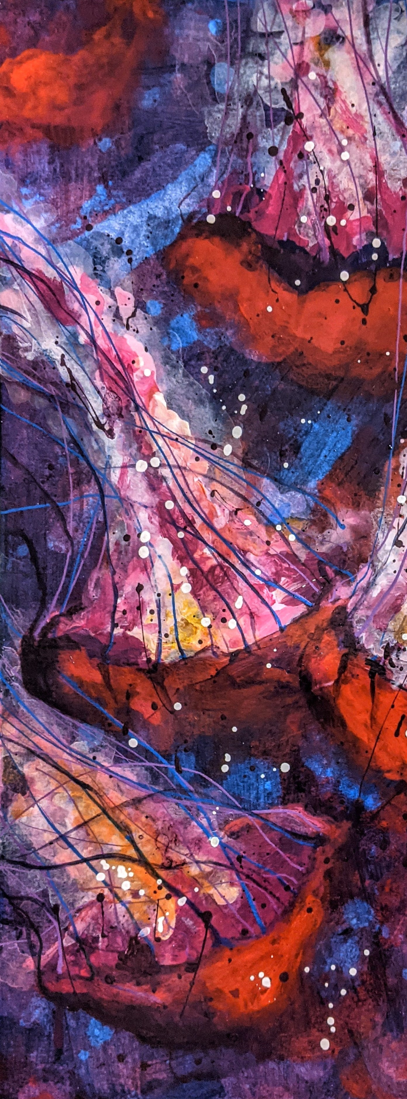 Purple & Red Jellyfish in the Deep acrylic painting on paper detail