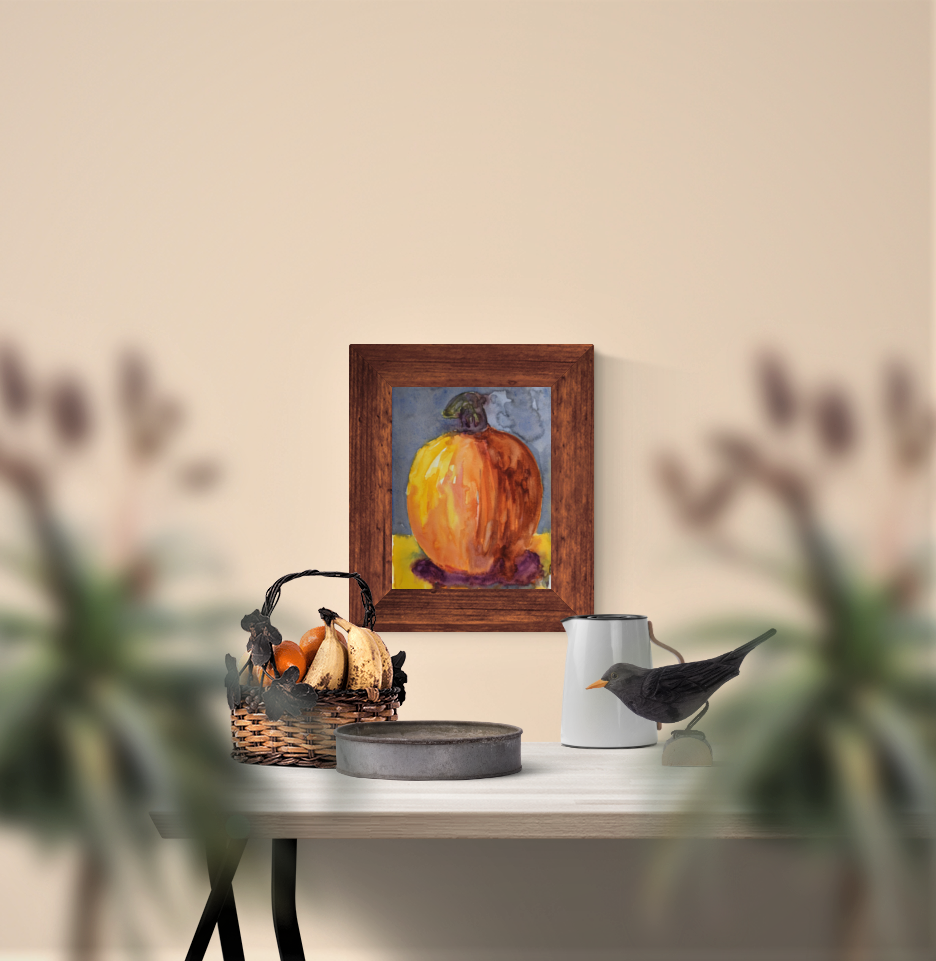 Shadow Pumpkin watercolor painting in dining room