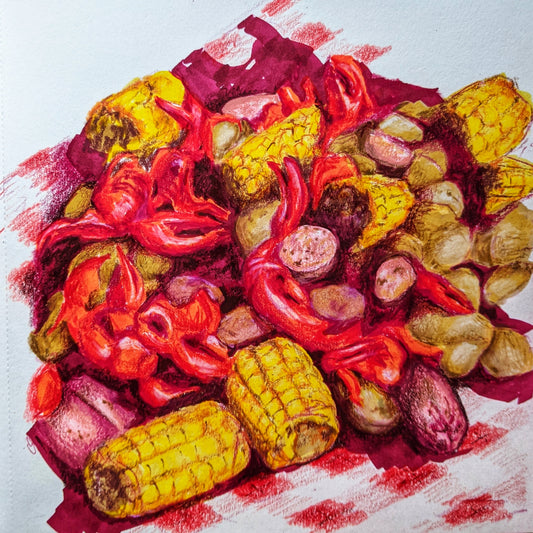 Shrimp Boil flashe acrylic painting on paper, approximately 8" x 8"