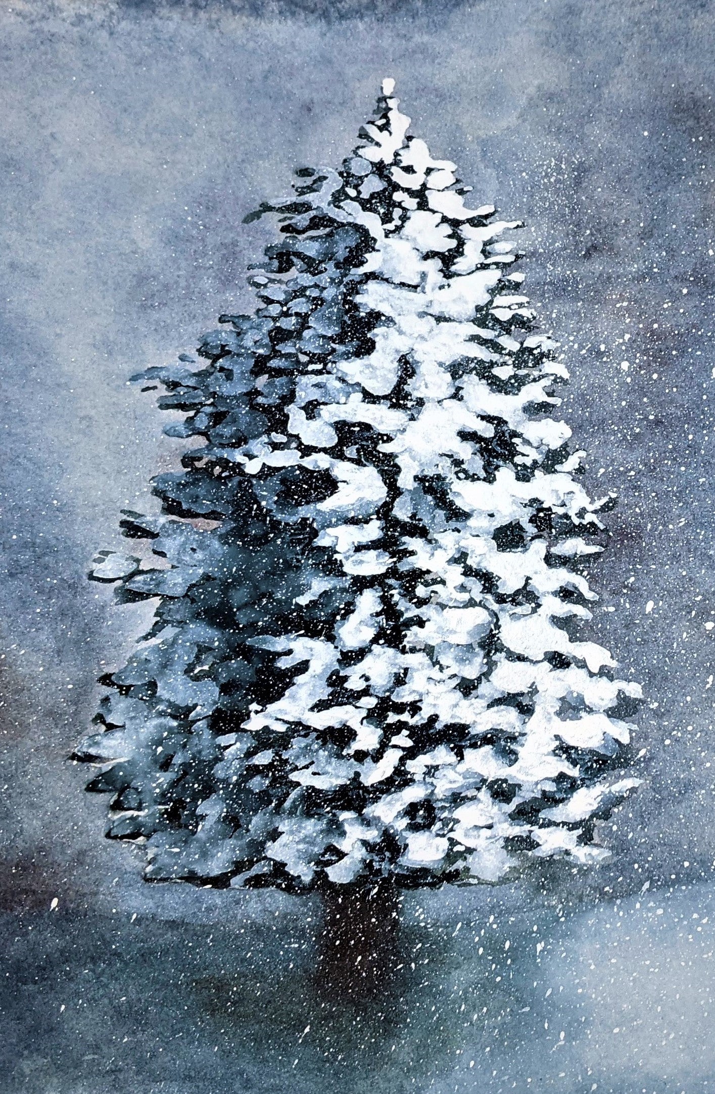Snowstorm in the Forest watercolor painting on paper detail