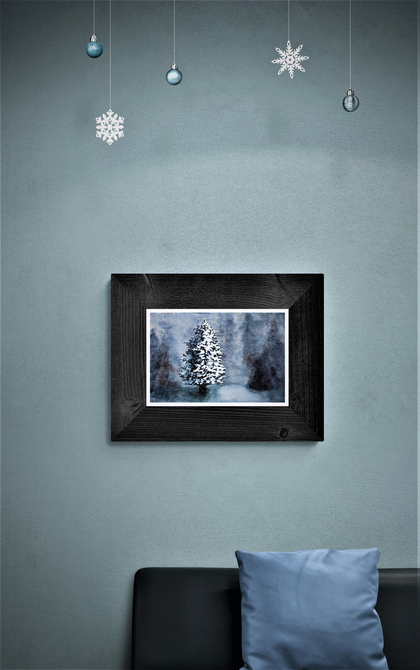 Snowstorm in the Forest watercolor painting above Couch