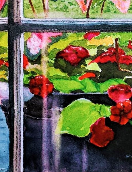 Through the kitchen window watercolor painting detail