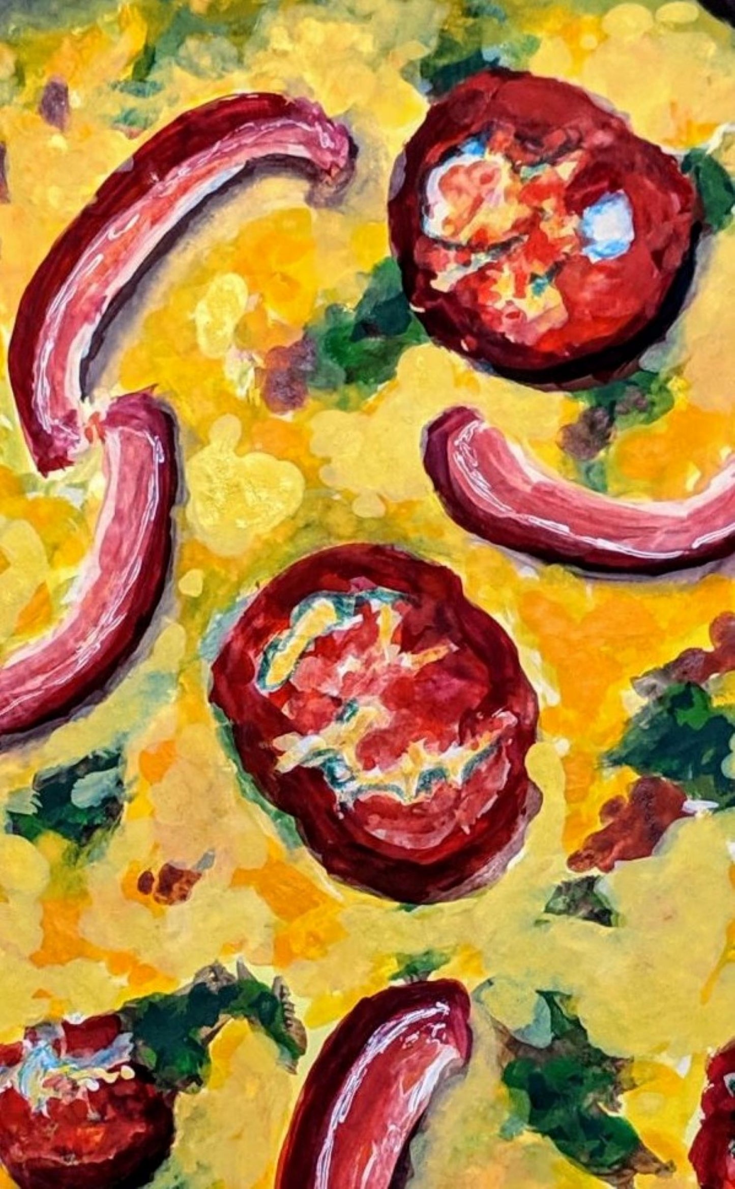 Veggie pizza gouache painting detail