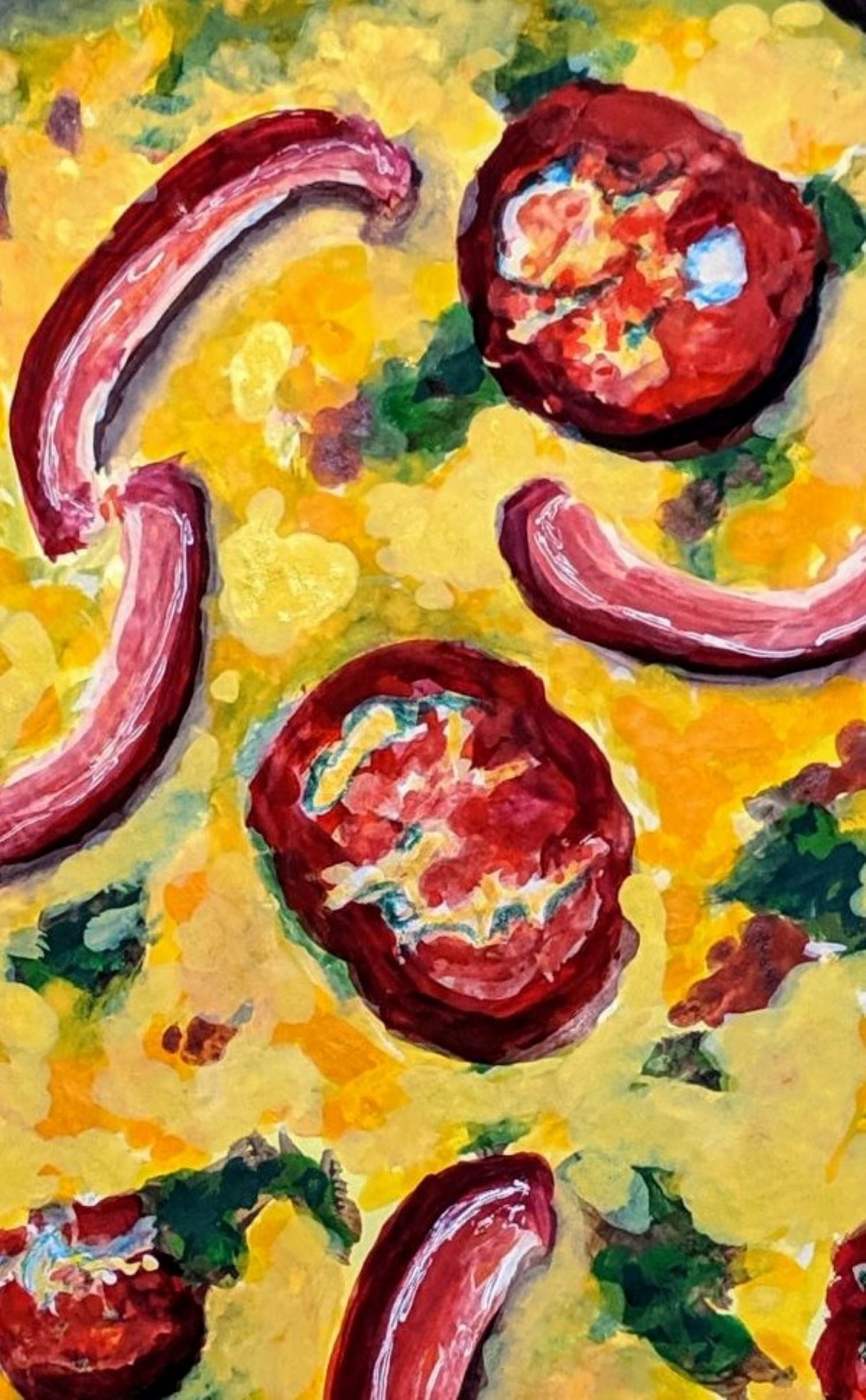 Veggie pizza gouache painting detail