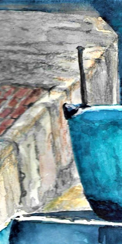 Yellow boat blue boat watercolor painting detail