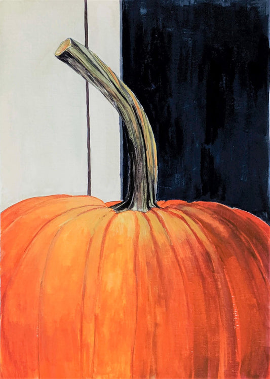 Pumpkin on blue wall gouache painting