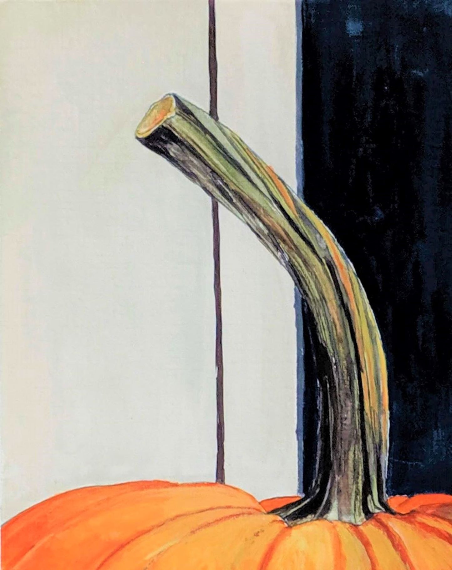 Pumpkin on blue wall gouache painting detail