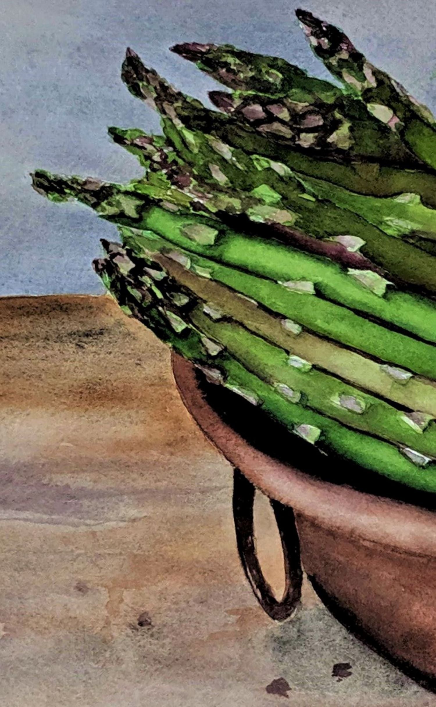 Copper bowl with asparagus watercolor painting detail