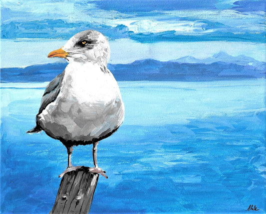 Gull on pylon acrylic painting