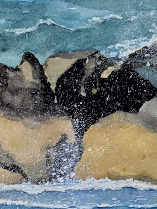 Jetty in ocean mist watercolor painting detail