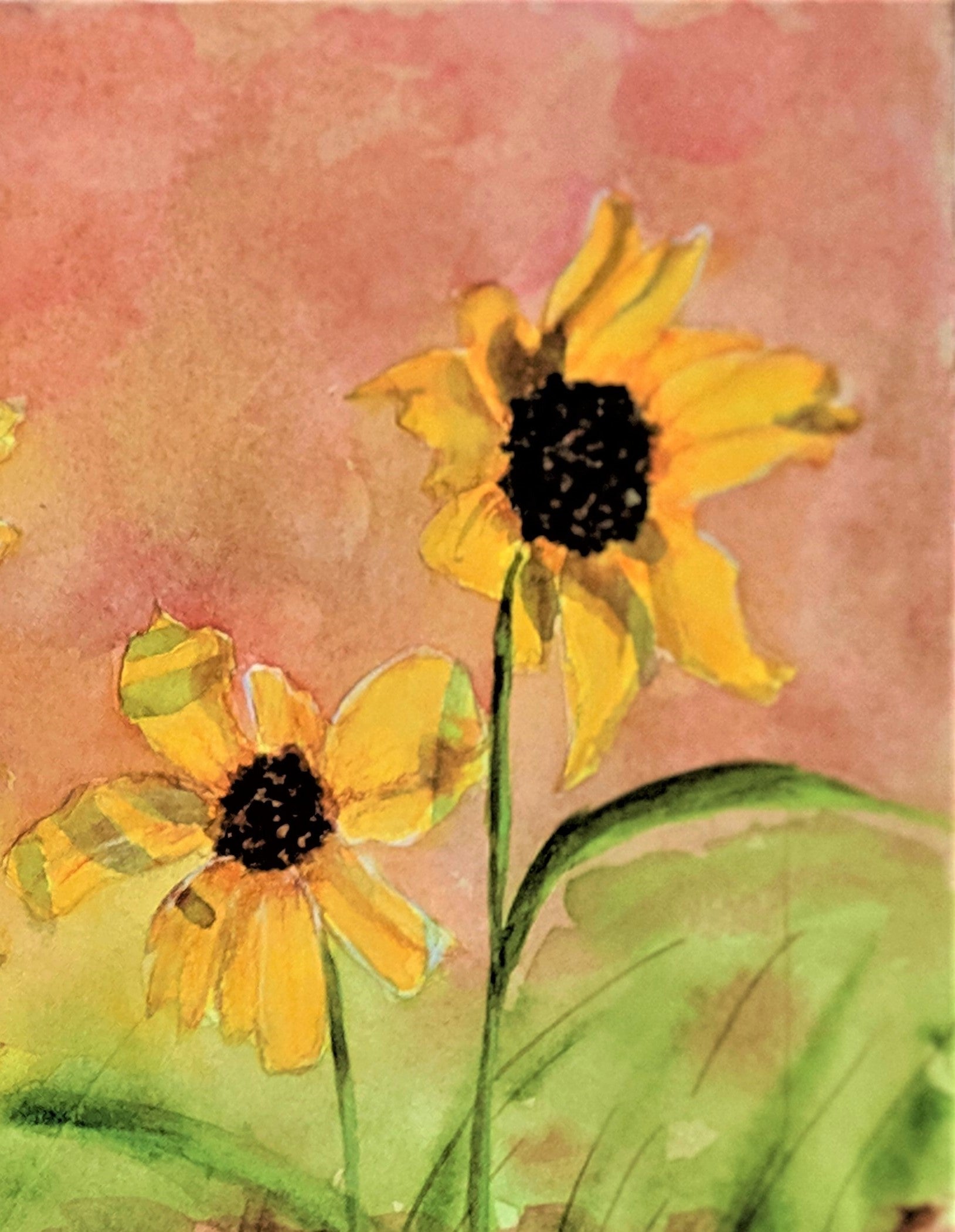 Sunflowers on a hot day watercolor painting detail