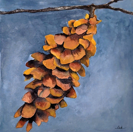 Pine cone hangs from a branch in the still, cold night. Gouache painting on paper.