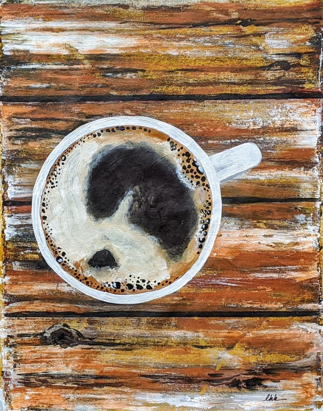Acrylic painting of steaming cup of black coffee .
