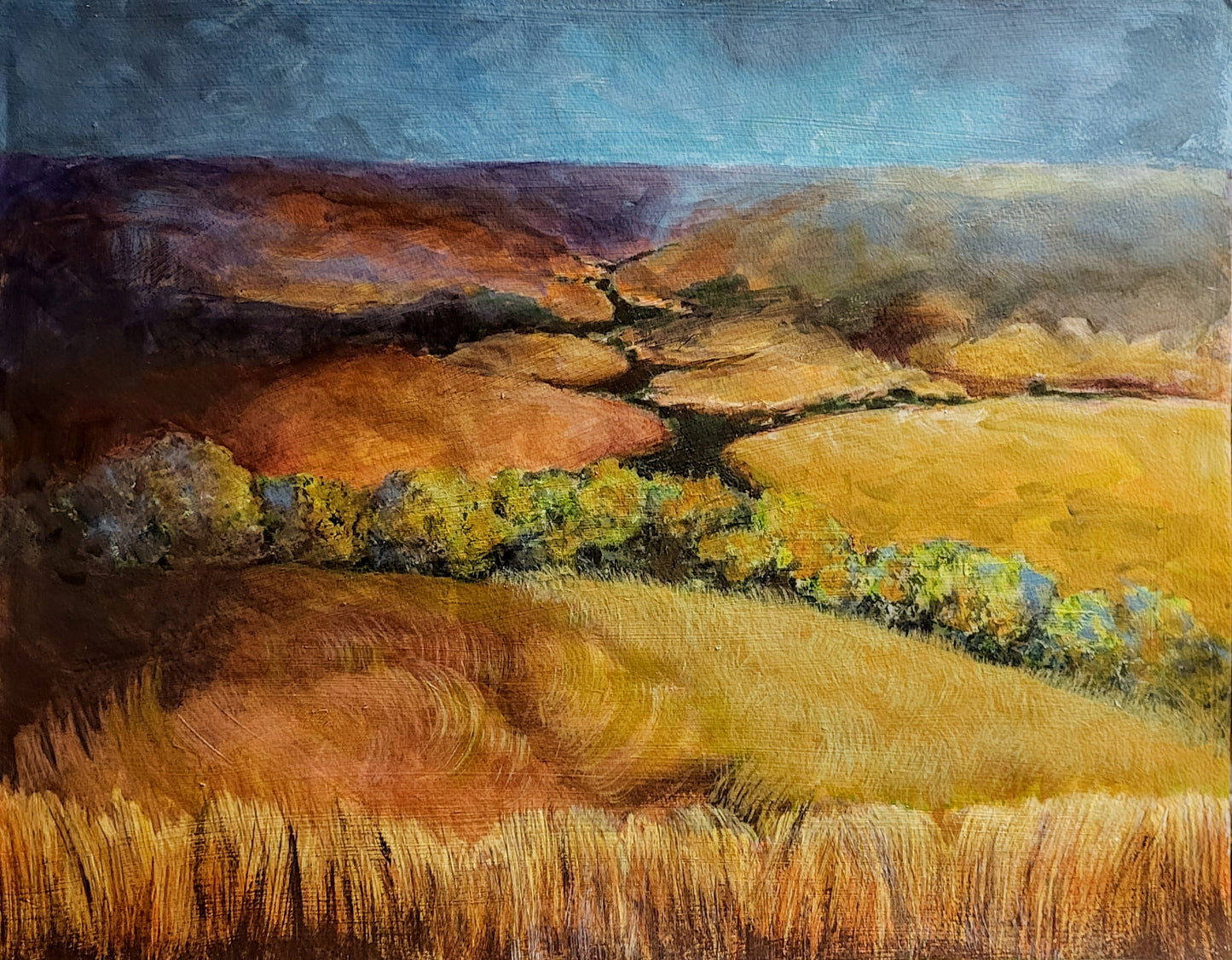 Acrylic painting on canvas of shadows crossing the flint hills at the dimming of the day.
