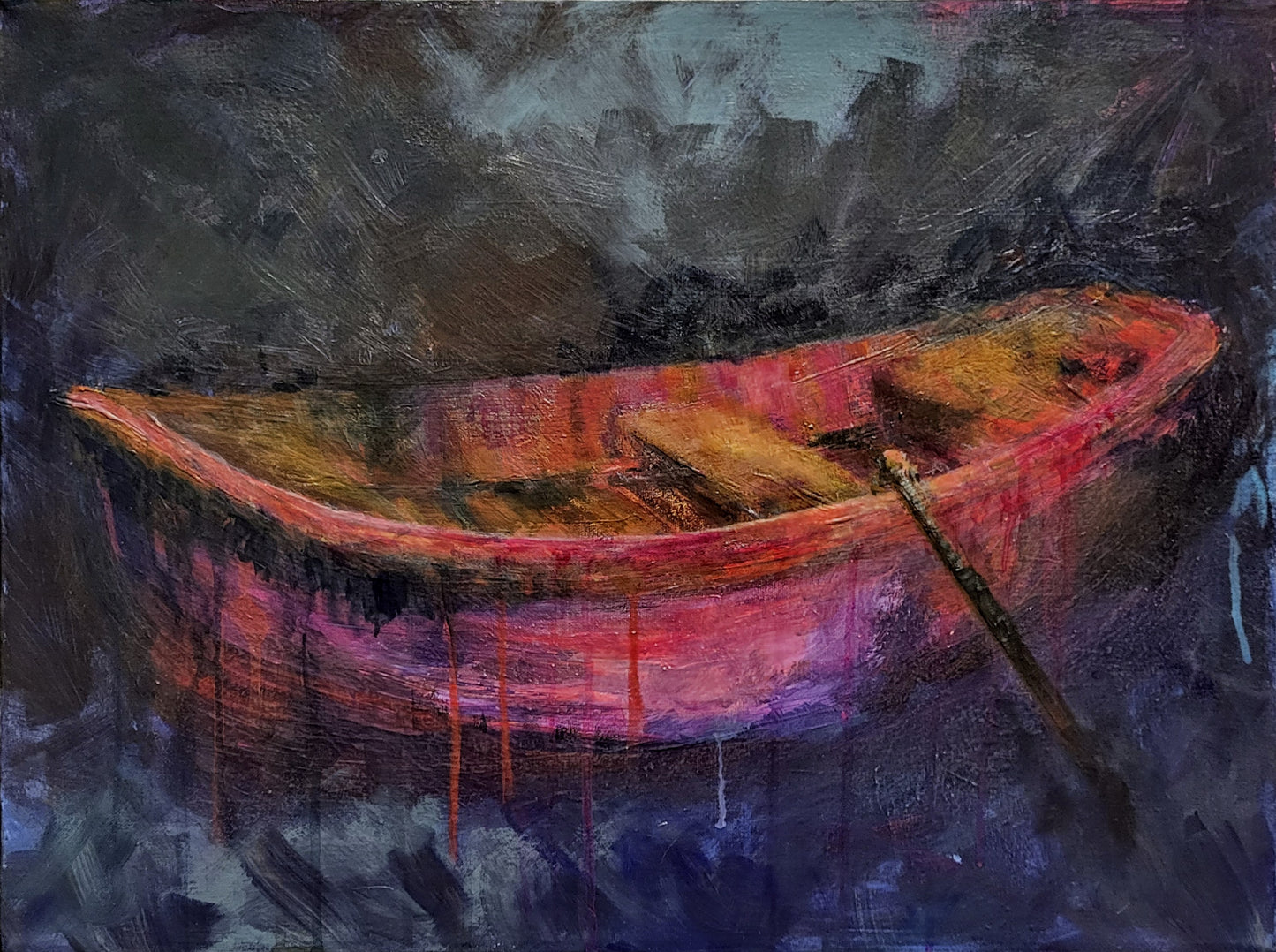 Drippy acrylic painting of haunting canoe alone in the night.