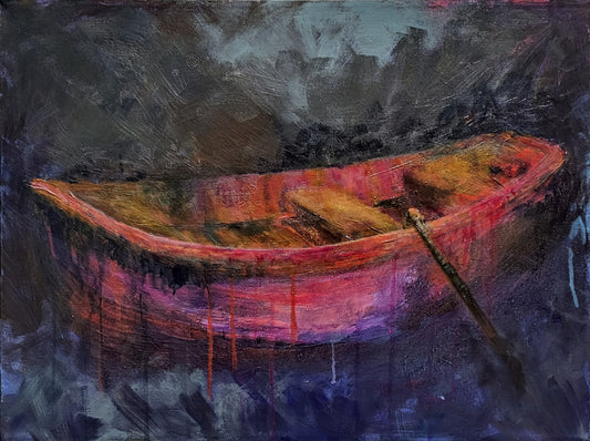 Drippy acrylic painting of haunting canoe alone in the night.