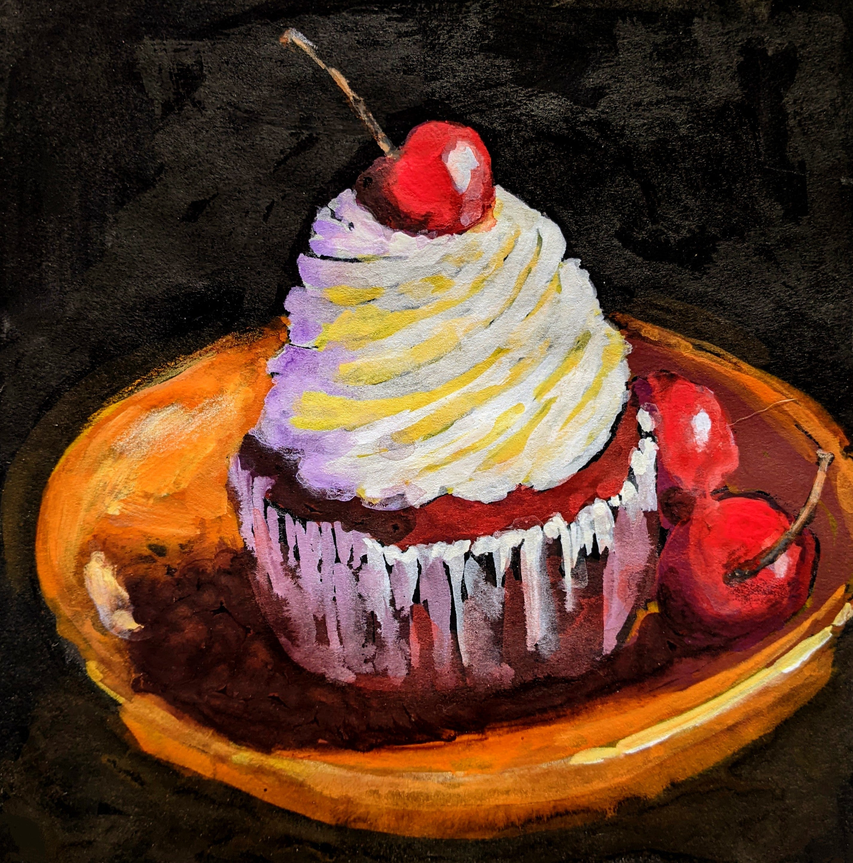 Acrylic painting of cupcake at midnight, topped with mound of frosting and red, red cherries.