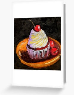 Cupcake with whipped cream and cherries on a wooden plate against a dark background