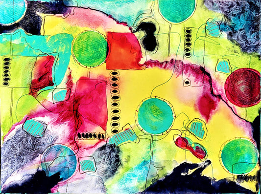 Color pop abstract painting on paper filled with texture, marks and energy.