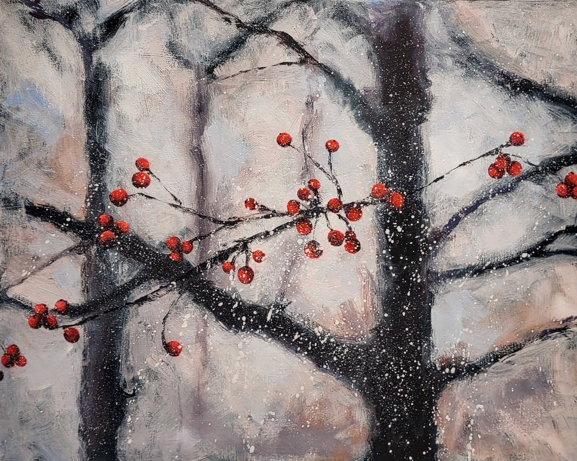 Snow falls, icing bright crimson berries, in the silence of winter in this acrylic painting.