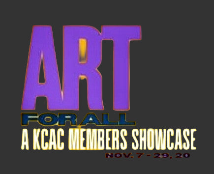 Promotional poster for 'Art for All: A KCAC Members Showcase' with purple and blue text on a yellow background.