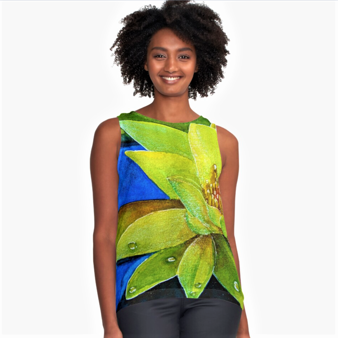 Yellow Lotus Flower on Blue Chiffon Top