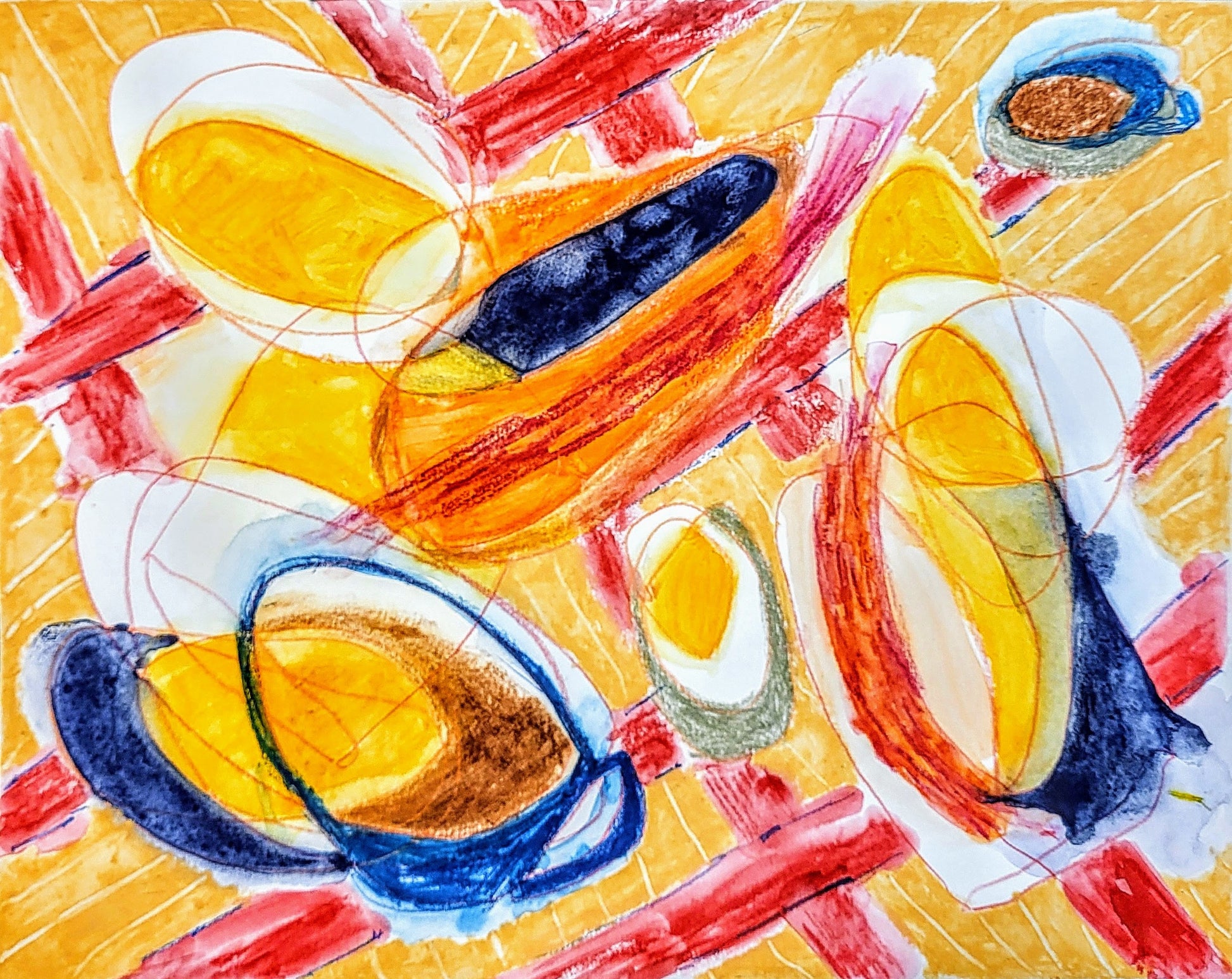 Mixed media abstract painting reminds you of eggs and bacon and coffee and all the breakfast things.