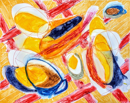 Mixed media abstract painting reminds you of eggs and bacon and coffee and all the breakfast things.