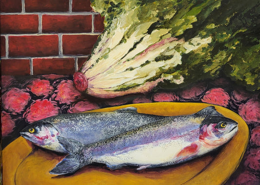 Story of Reds & Greens: Still Life with Romaine, Blossoms & Fish on a Platter