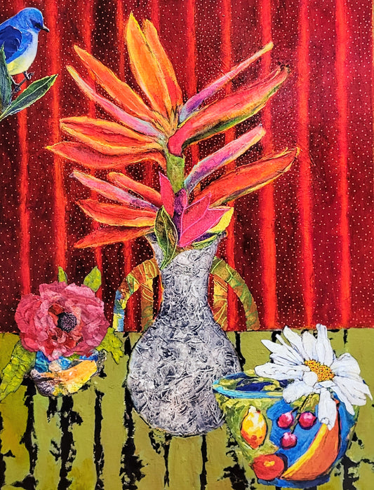 Birds of Paradise, Posies & Bluebird on a Branch