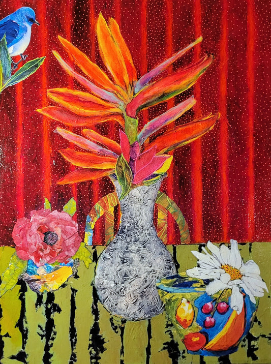 Story of Reds & Greens: Still Life with Birds of Paradise, Posies & Bluebird on a Branch