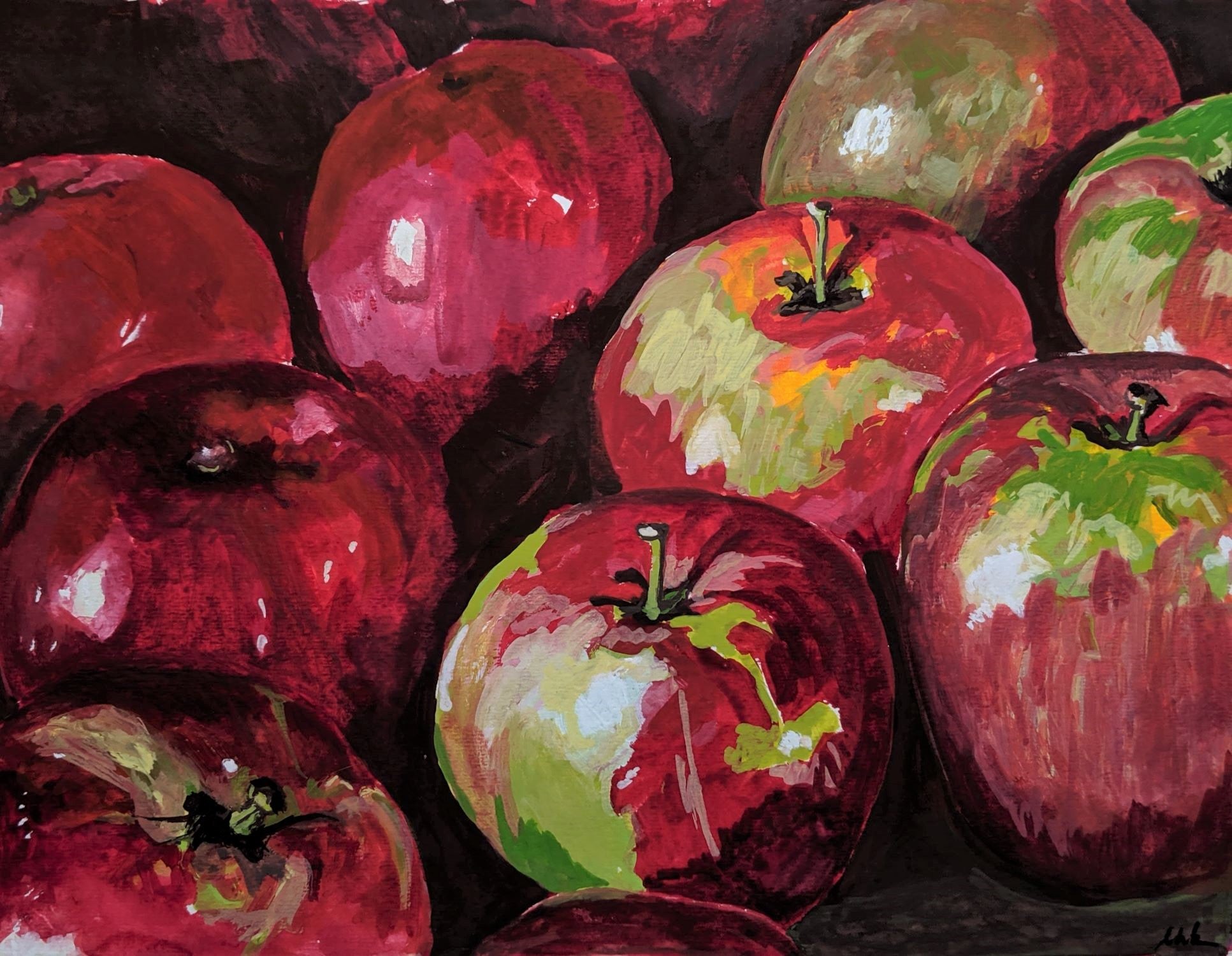 Apples in a row gouache painting