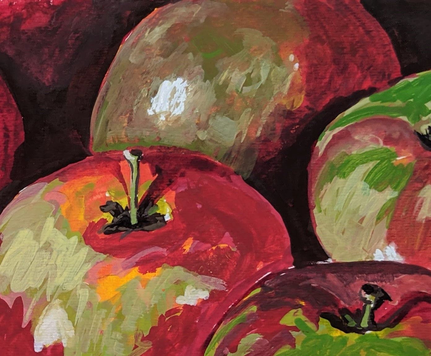 Apples in a row gouache painting detail