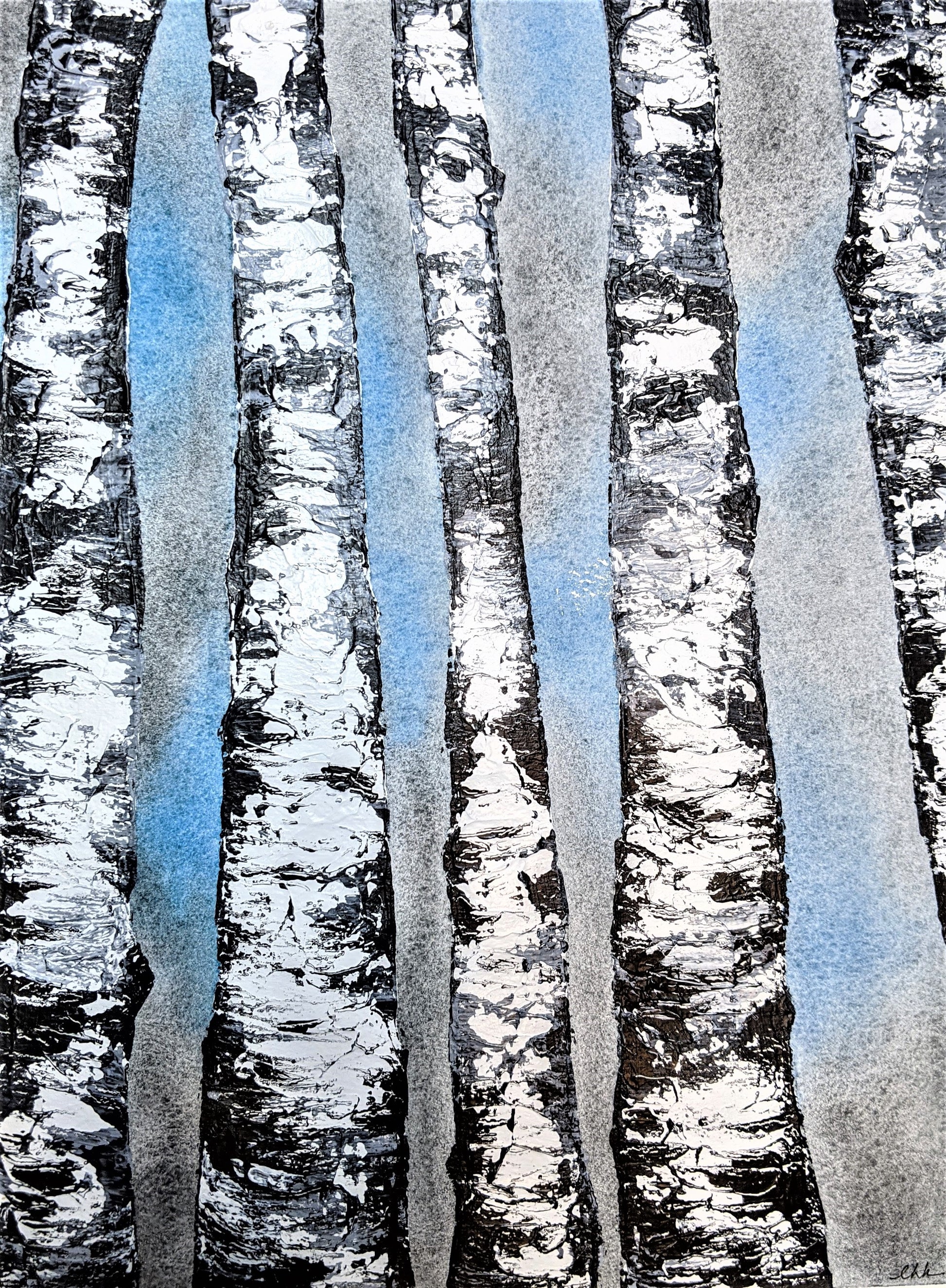 Birches for Tony watercolor and acrylic painting on paper