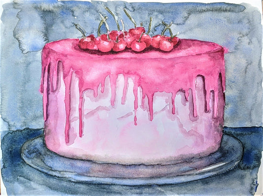 Pink Cake watercolor painting on paper