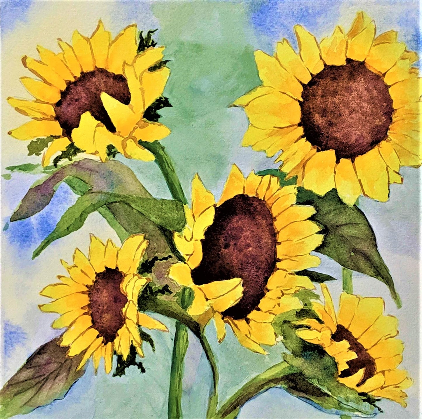 Blue sky sunflowers watercolor painting