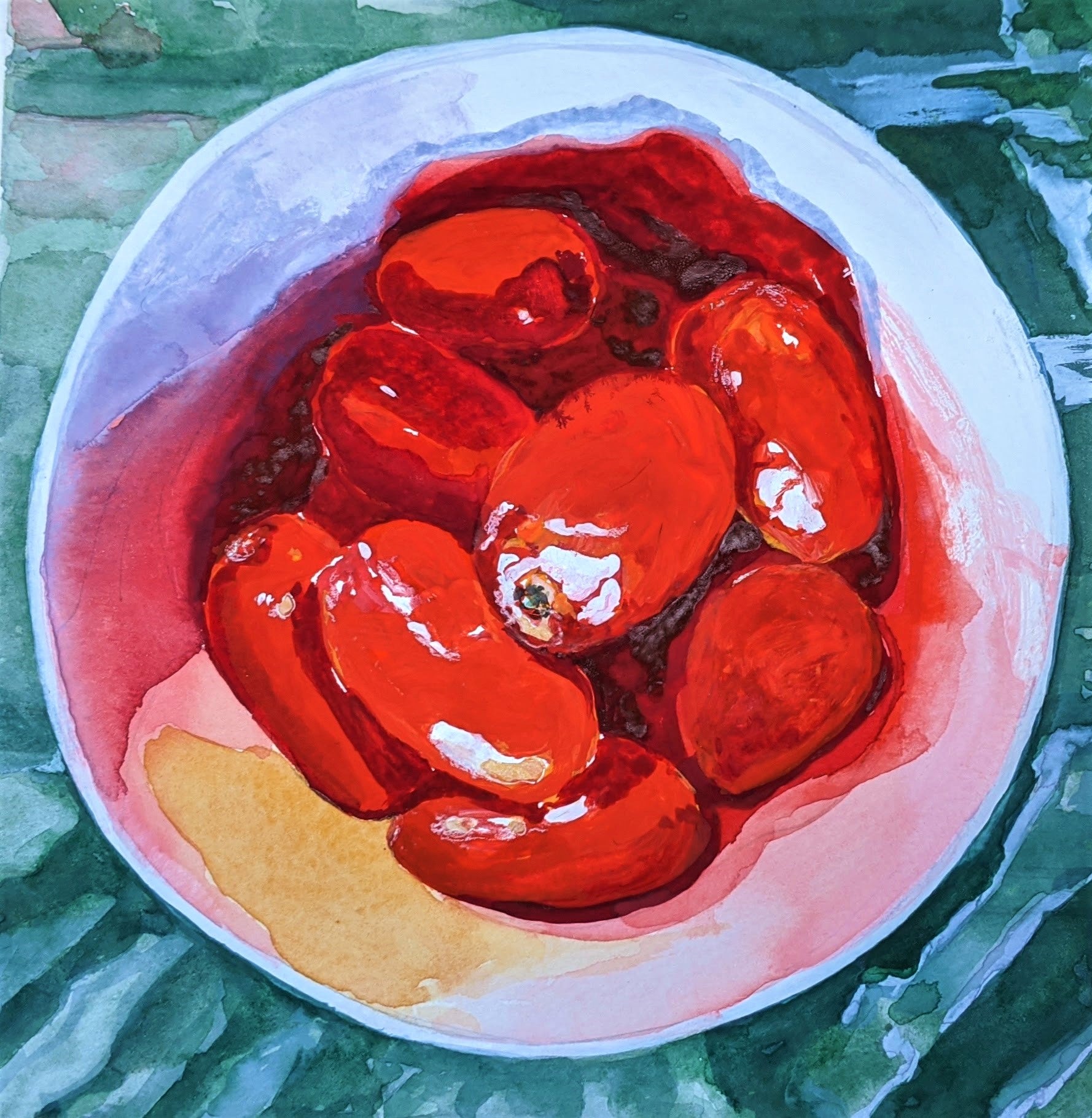 Bowl of tomatoes watercolor and gouache painting